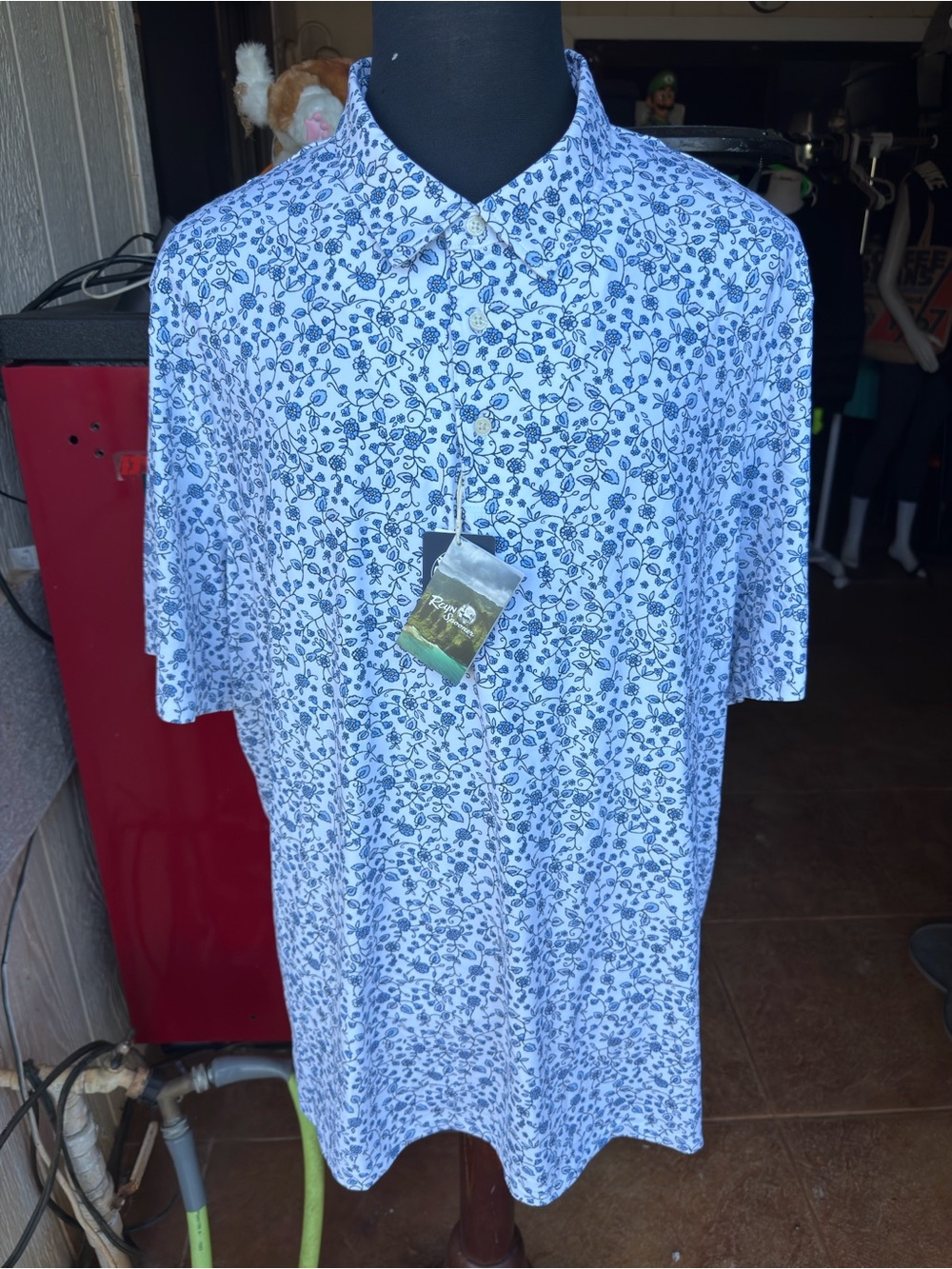 New Reyn Spooner  Banaras Polo Shirt Men's 3XL Hawaiian Print White/Blue